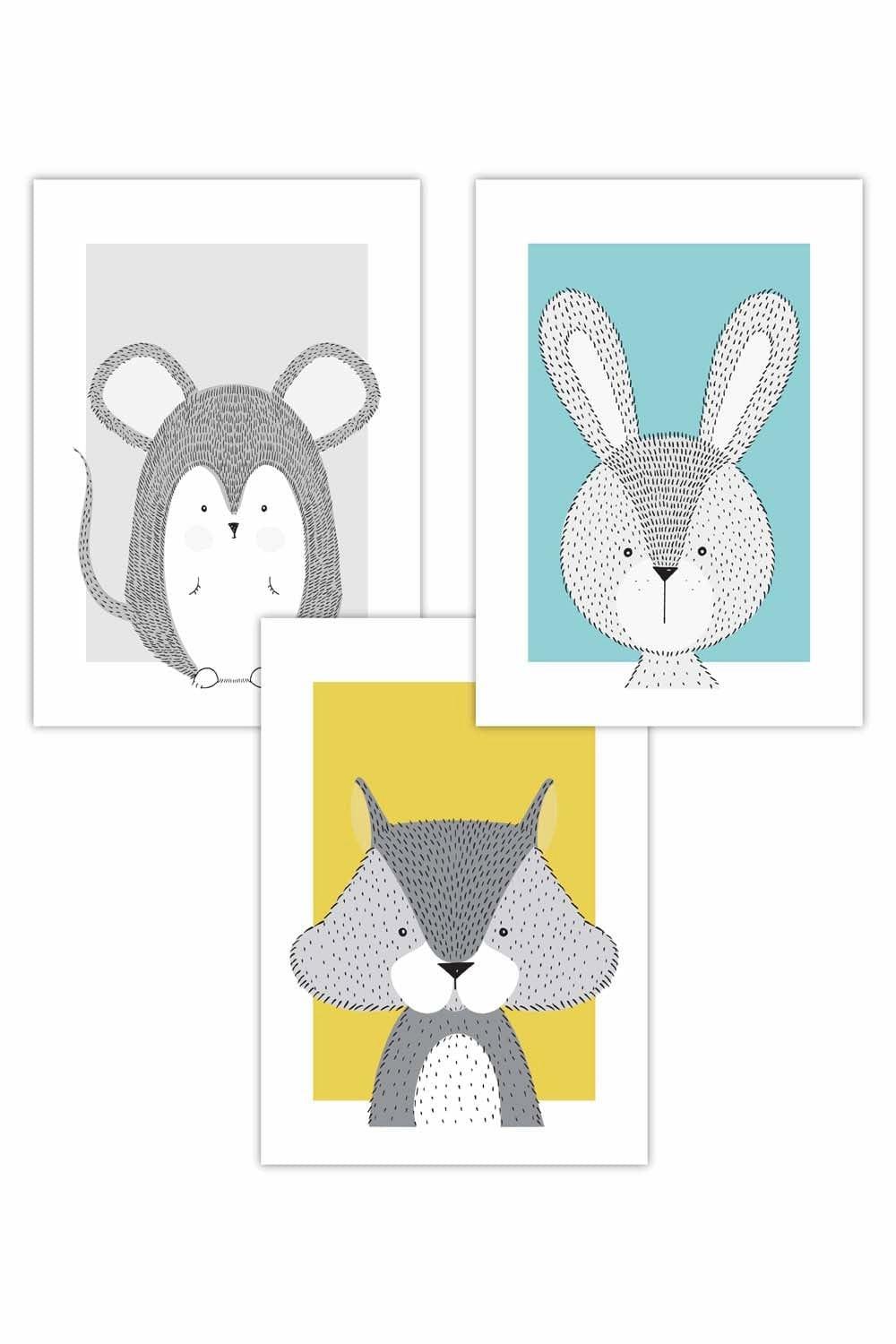 Set of 3 Nursery Scandi Sketch woodland Animals in Blue Yellow Grey Art Posters